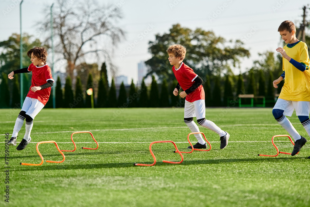 Obraz premium A lively group of young boys engaged in an intense game of soccer, running, kicking, and strategizing on a grass field.