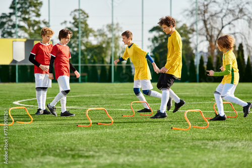 A lively group of young boys engage in a spirited game of soccer, kicking the ball across the field with enthusiasm and skill. © LIGHTFIELD STUDIOS