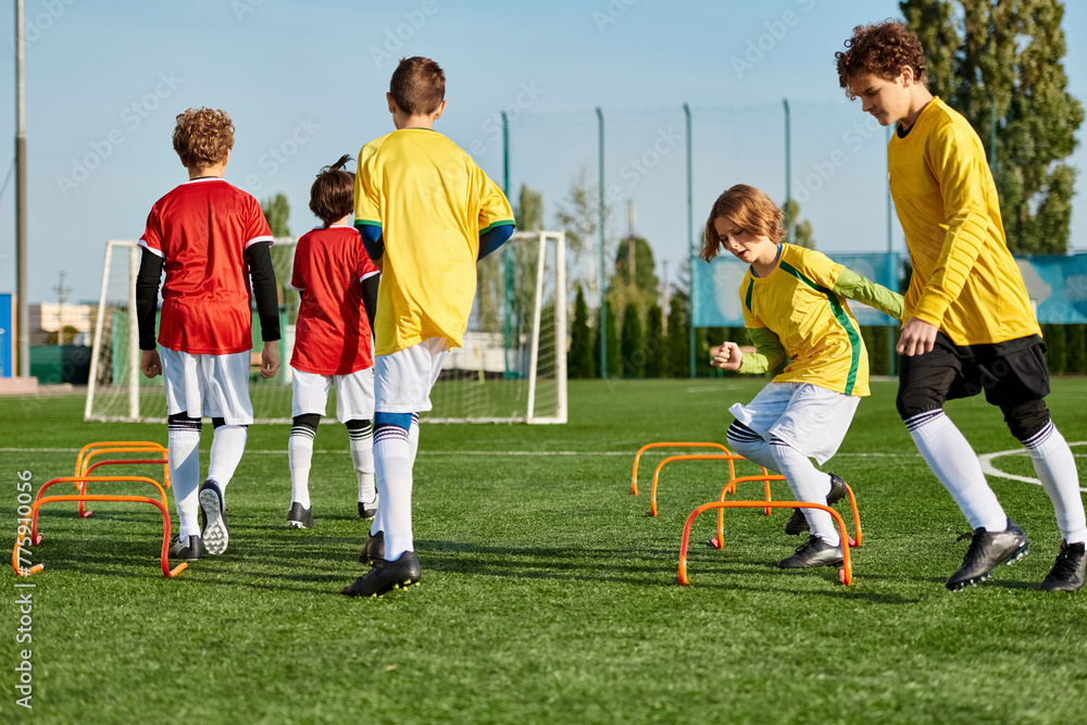 A group of young boys are energetically playing a game of soccer on a grassy field. They are running, kicking the ball, and cheering each other on in a friendly and competitive atmosphere. A group of young boys are energetically playing a game of soccer on a grassy field. They are running, kicking the ball, and cheering each other on in a friendly and competitive atmosphere.