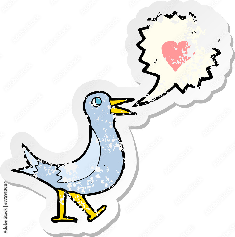 retro distressed sticker of a cartoon bird singing retro distressed sticker of a cartoon bird singing