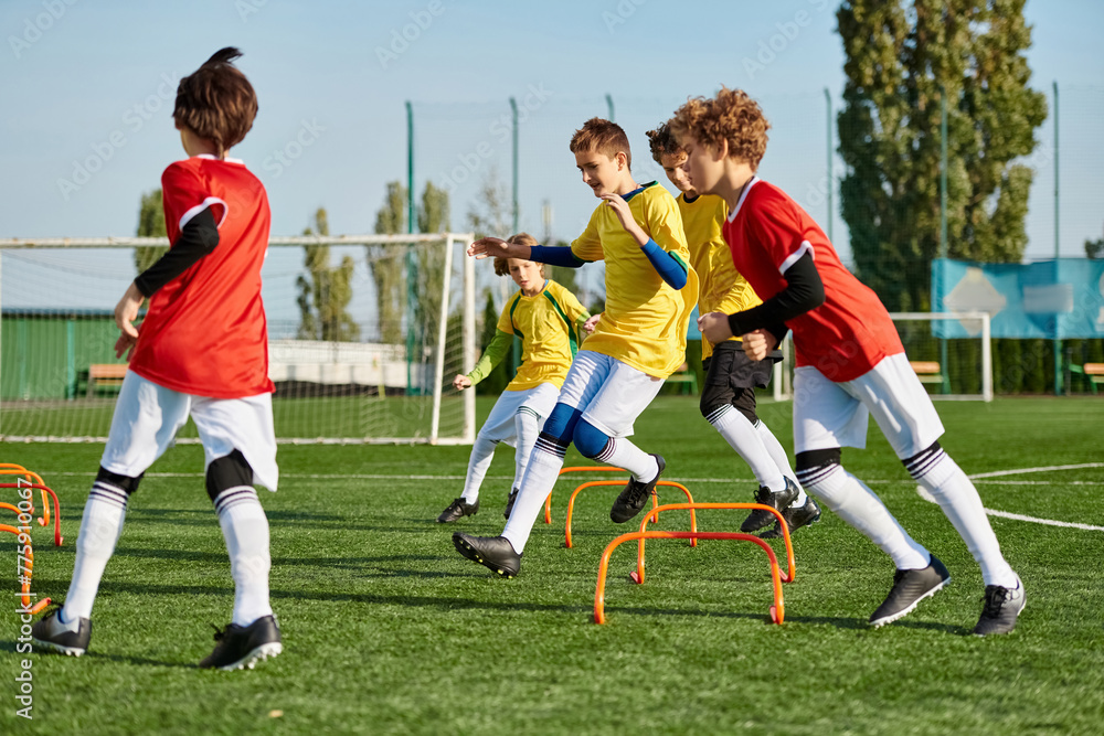 Obraz premium A vibrant scene unfolds as a group of young boys enthusiastically play a game of soccer, kicking the ball with skill and energy on a sunlit field.