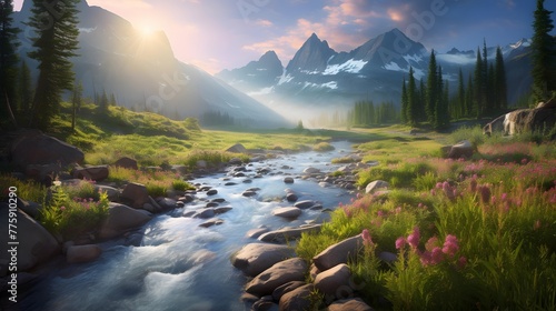 Panorama of a mountain river in the Canadian Rockies at sunrise.