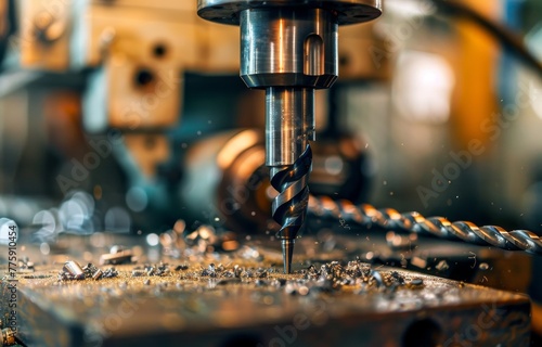 A macro shot of a drill press penetrating metal, illustrating the power and precision required in metalworking