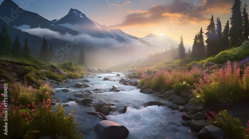 Mountain river in the morning mist. Panoramic view.