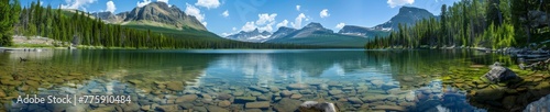 A pristine mountain lake with clear waters, providing a serene and open setting for summer backgrounds with copy space