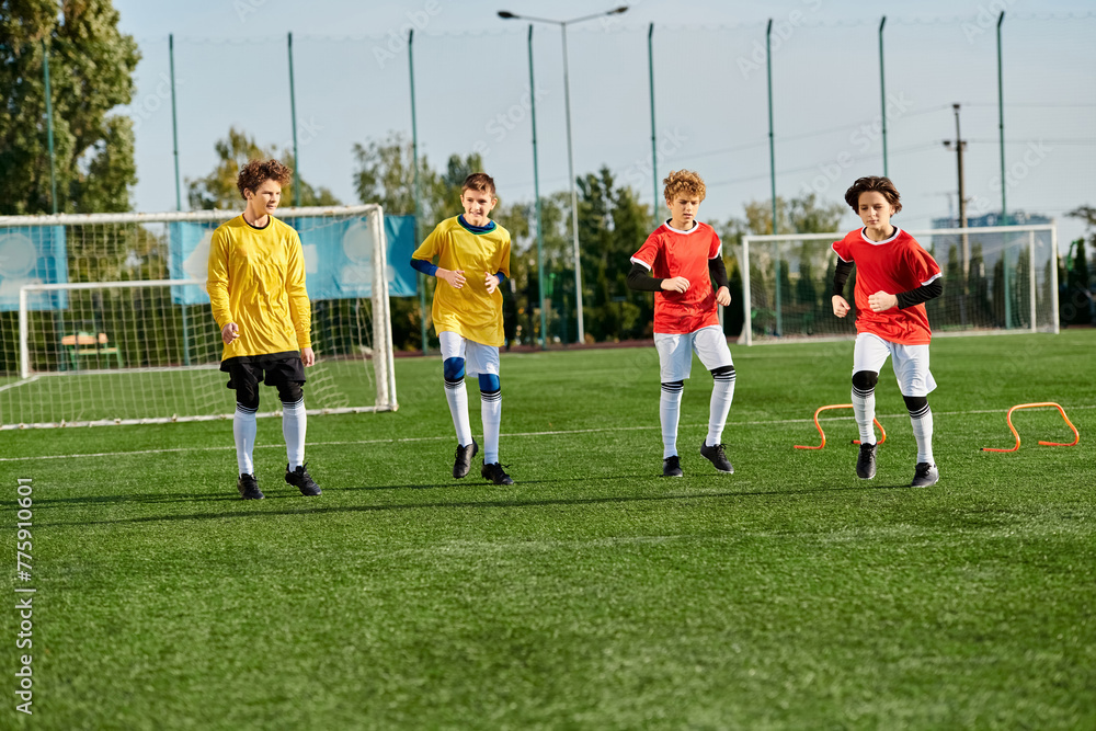 Obraz premium A lively group of young boys play a game of soccer, kicking the ball back and forth with enthusiasm on a grassy field. 