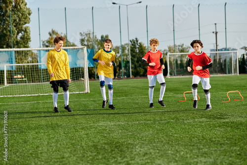A lively group of young boys play a game of soccer, kicking the ball back and forth with enthusiasm on a grassy field. 
