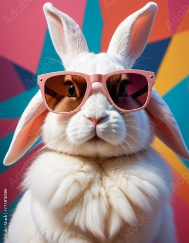 A whimsical white bunny dons pink sunglasses  exuding charm against a colorful geometric backdrop.