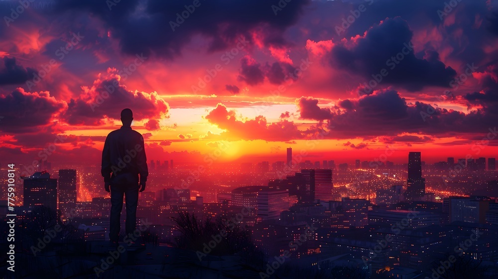 Fototapeta premium Silhouetted Leader Contemplating the City Skyline at Dawn s First Light