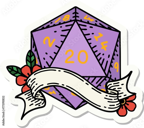 sticker of a natural twenty D20 dice roll