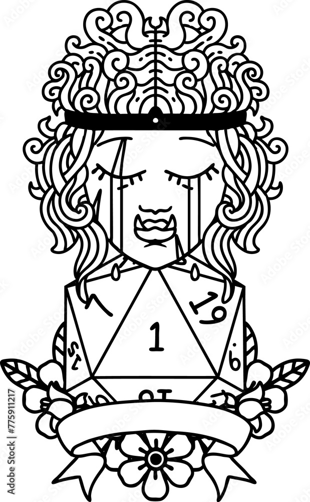 Black and White Tattoo linework Style crying orc barbarian character with natural one D20 roll Black and White Tattoo linework Style crying orc barbarian character with natural one D20 roll