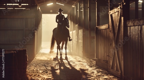 A person riding a horse in a barn. Suitable for equestrian and farm-related projects © Fotograf