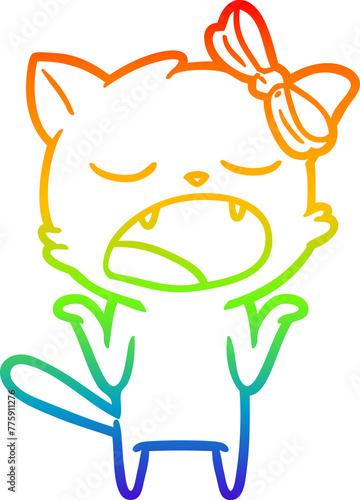 rainbow gradient line drawing of a cartoon yawning cat shrugging shoulders