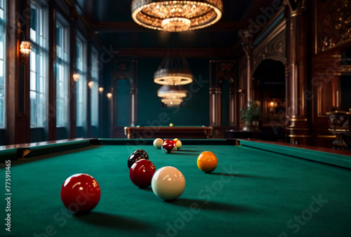 Background of russian billiard game table in club indoors. Billiards cue and balls on green billiards table. Leisure activity and gambling billiard game sport concept. Copy text space for advertising photo