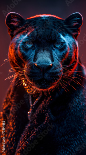 Enigmatic panther in a sleek velvet coat  sporting a diamond-studded collar  against a smoky noir background  illuminated by neon lights  exuding mystery and allure