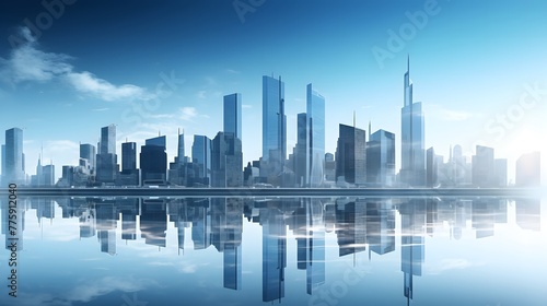 Modern skyscrapers of a smart city  futuristic financial district  graphic perspective of buildings and reflections - Architectural blue background for corporate and business brochure template.