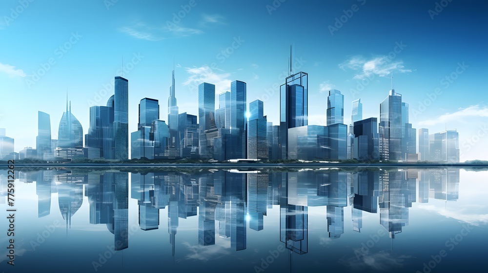 Modern skyscrapers of a smart city, futuristic financial district, graphic perspective of buildings and reflections - Architectural blue background for corporate and business brochure template.