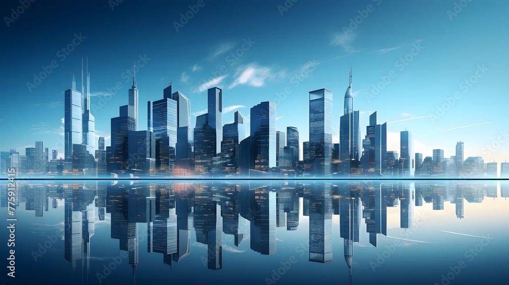 Modern skyscrapers of a smart city, futuristic financial district, graphic perspective of buildings and reflections - Architectural blue background for corporate and business brochure template.