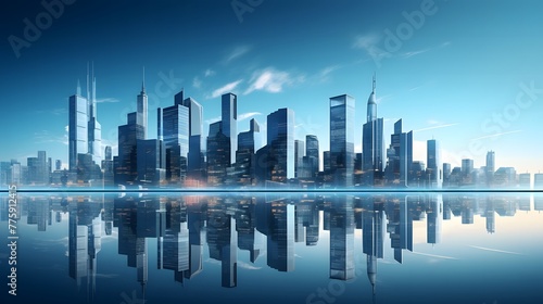 Modern skyscrapers of a smart city, futuristic financial district, graphic perspective of buildings and reflections - Architectural blue background for corporate and business brochure template. © horizor