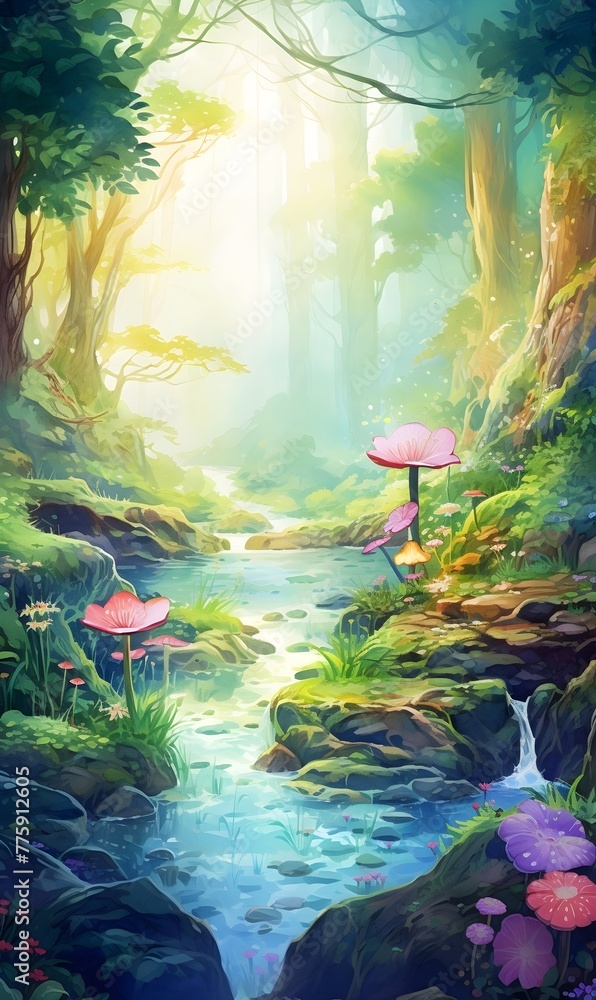Fototapeta premium Detailed watercolor painting of a path in the forest with tall trees, a lake and mushrooms, sunlight, green foliage, nature invitation card, wallpaper, banner 
