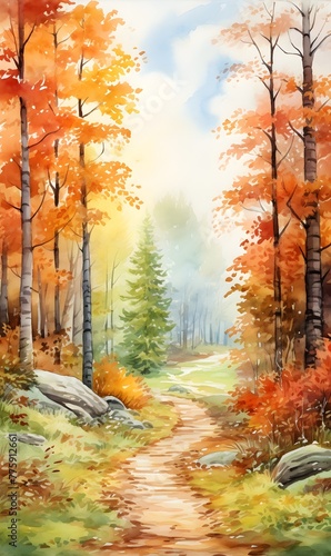 Detailed watercolor painting, Bright yellow orange autumn enchanted magical forest with tall trees, nature invitation card, wallpaper, banner