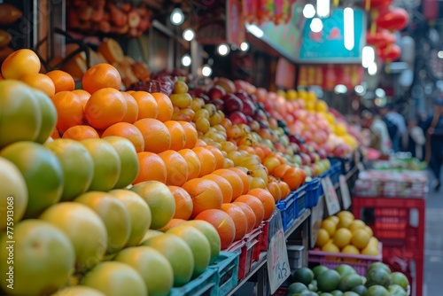 Colorful Asian fruit market. Store sale. Generate Ai