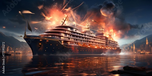 Cruise ship in the sea at night. 3d rendering. photo