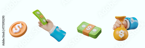 Set of 3D icons for online marketing, business. Coin, stack of greenbacks, hand with money, banknote