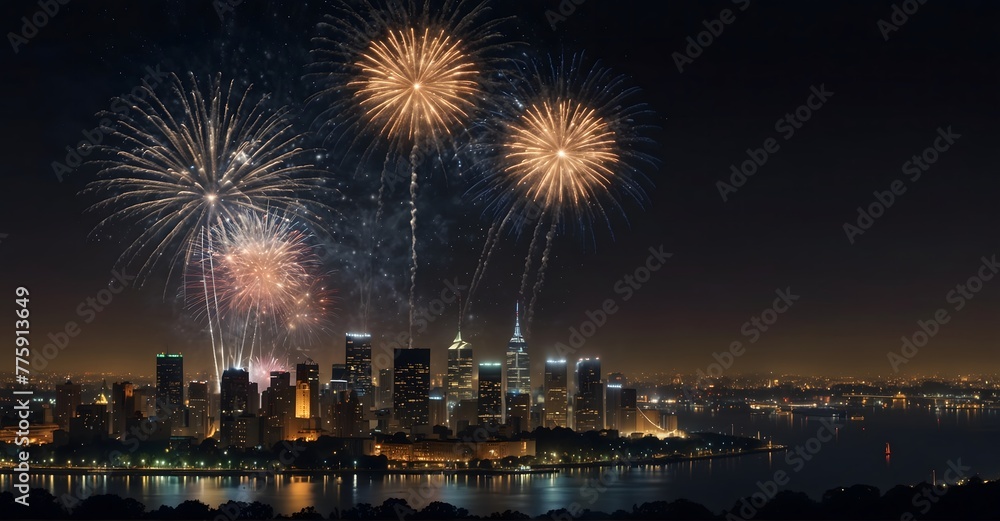 Colorful fireworks and buildings on dark background with copy space. Background, banner for new year eve, independence day, celebration, holiday
