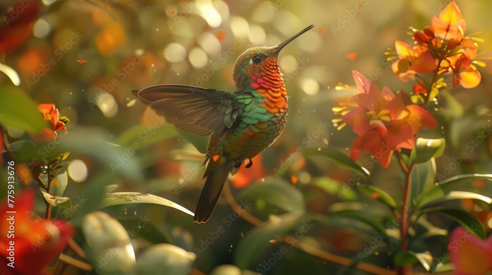 Fototapeta premium A beautiful hummingbird perched among vibrant flowers. Perfect for nature and wildlife themes