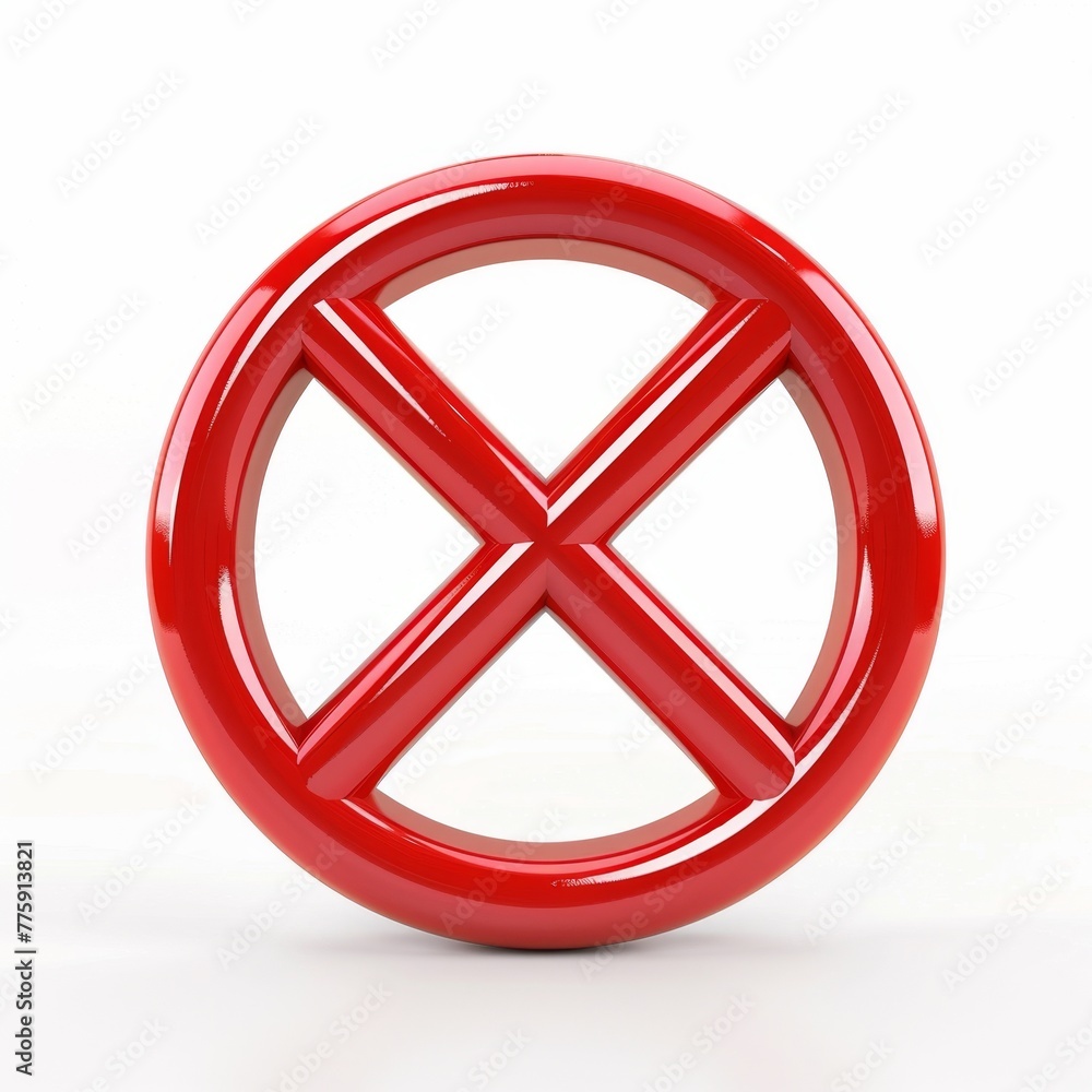 3D red prohibition cross circle, designed with a reflective surface for a 'no' or 'not allowed' symbol, isolated on an ultra-bright pure white background, no background 3D red prohibition cross circle, designed with a reflective surface for a 'no' or 'not allowed' symbol, isolated on an ultra-bright pure white background, no background
