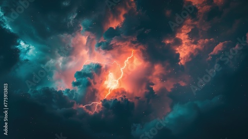 A dramatic image of a bright orange and blue cloud with lightning in the sky. Perfect for weather related designs