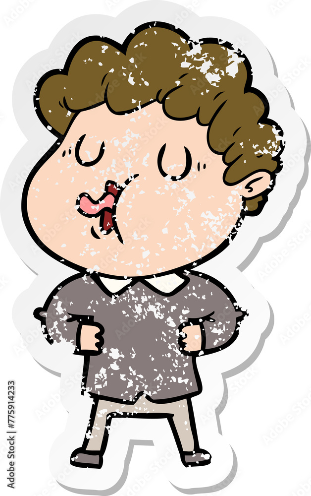 distressed sticker of a cartoon man singing distressed sticker of a cartoon man singing
