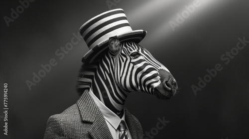 Stylish zebra in a monochrome ensemble  sporting a top hat with zebra stripes  against a minimalist backdrop  lit with soft spotlights  exuding contemporary flair