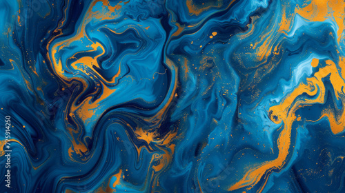 Art photography of abstract marbleized effect background. golden blue creative colors