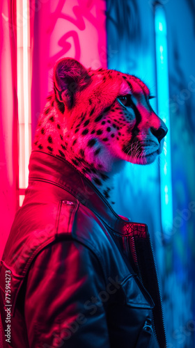 Sleek cheetah adorned with tribal tattoos, wearing a leather jacket, against an urban graffiti backdrop, lit with neon lights, exuding urban chic and speed