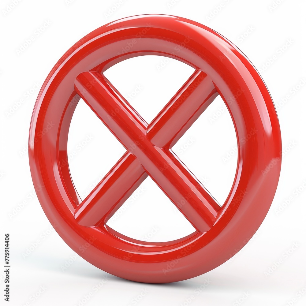 A vivid 3D render of a red prohibition cross circle, featuring a glossy finish and bold cross mark, symbolizing restriction, isolated on an ultra-bright pure white background, no background A vivid 3D render of a red prohibition cross circle, featuring a glossy finish and bold cross mark, symbolizing restriction, isolated on an ultra-bright pure white background, no background