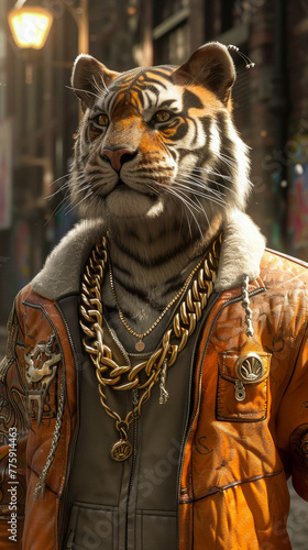 Trendsetting tiger in a bomber jacket, accessorized with gold chains, against a graffiti-filled alley backdrop, lit with streetlamp glow, exuding urban sophistication and edge © Дмитрий Симаков
