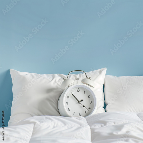 White alarm clock lying in bed. Clean white bed linen against blue background. Creative concept of time