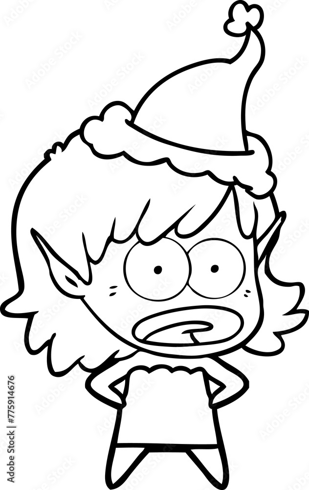 hand drawn line drawing of a shocked elf girl wearing santa hat hand drawn line drawing of a shocked elf girl wearing santa hat