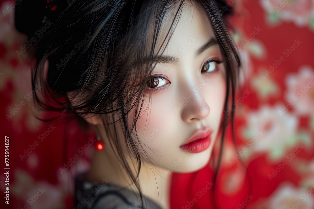 Naklejka premium Elegant Asian girl portrait. Model makeup. Generate Ai