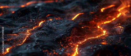 An abstract, dark landscape with flowing, liquid metal rivers and glowing volcanic vents, created with the realistic fluid dynamics of Octane Render.