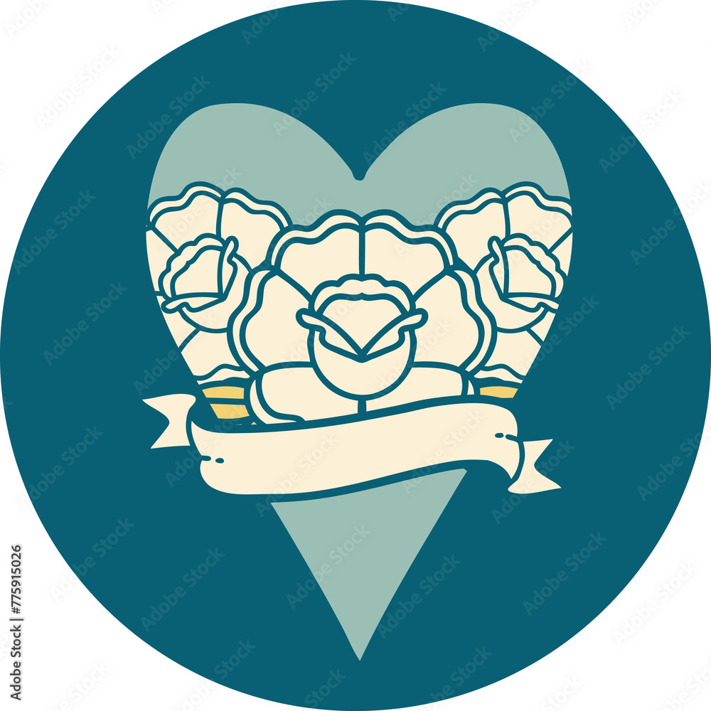 iconic tattoo style image of a heart and banner with flowers iconic tattoo style image of a heart and banner with flowers