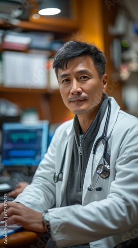 Famous middle-aged Asian male doctor working at desk, black hair and white coat © Chaiwiwat
