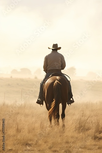 A man riding a horse wearing a cowboy hat in the dust of the prairie.