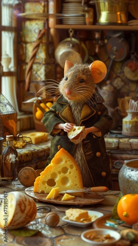 A detective agency run by mice, investigating a cheese heist in the royal kitchen Cheese caper, with detailed, crumbly evidence