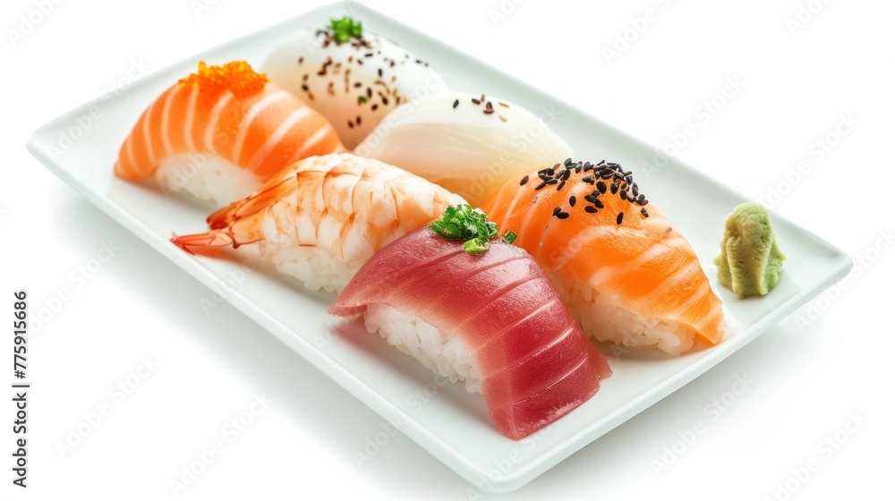 Delicious sushi on white plate isolated on white.AI generated image Delicious sushi on white plate isolated on white.AI generated image