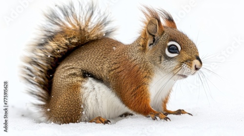 close up of a Red Squirrel in Winter on a white background.AI generated image photo