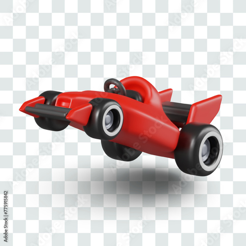 Red racing car is speeding forward. Realistic illustration of speeding vehicle
