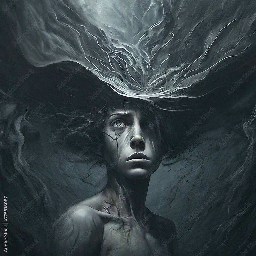 Whispers in the Dark: Navigating the Depths of Anxiety, Mental Health Metaphors, State of Mind, Surreal Mental Health Art, Abstract, Painting, Illustration